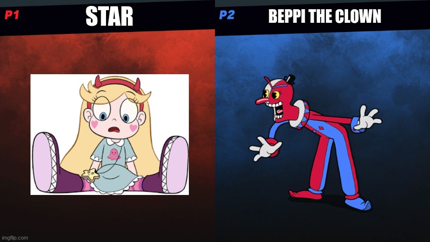 Star Vs. Beppi The Clown | STAR; BEPPI THE CLOWN | image tagged in smash bros 1v1 screen template | made w/ Imgflip meme maker