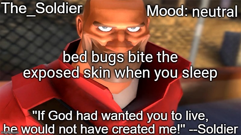 The_Soldier temp | neutral; bed bugs bite the exposed skin when you sleep | image tagged in the_soldier temp | made w/ Imgflip meme maker