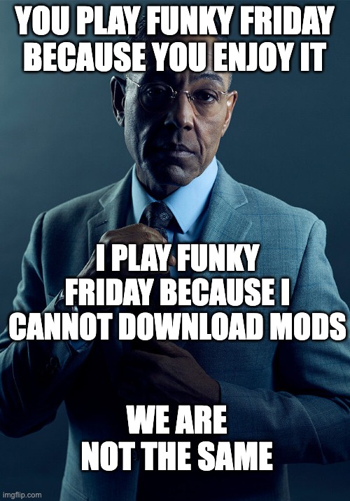the sad truth | YOU PLAY FUNKY FRIDAY BECAUSE YOU ENJOY IT; I PLAY FUNKY FRIDAY BECAUSE I CANNOT DOWNLOAD MODS; WE ARE NOT THE SAME | image tagged in gus fring we are not the same | made w/ Imgflip meme maker