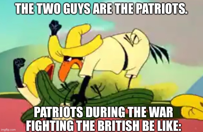 THE TWO GUYS ARE THE PATRIOTS. PATRIOTS DURING THE WAR FIGHTING THE BRITISH BE LIKE: | image tagged in revolutionary war,birds,britsh,colonies,war meme,sussy britsin | made w/ Imgflip meme maker