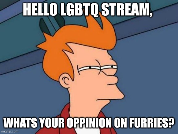 hmmmmmmmmm | HELLO LGBTQ STREAM, WHATS YOUR OPPINION ON FURRIES? | image tagged in memes,futurama fry | made w/ Imgflip meme maker