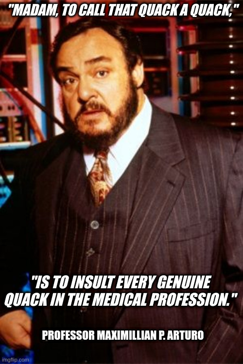 Professor Maximillian P. Arturo | "MADAM, TO CALL THAT QUACK A QUACK,"; "IS TO INSULT EVERY GENUINE QUACK IN THE MEDICAL PROFESSION."; PROFESSOR MAXIMILLIAN P. ARTURO | image tagged in sliders,tv,90s kids,90's,1990s | made w/ Imgflip meme maker