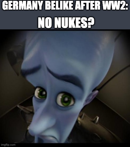 Megamind peeking | GERMANY BELIKE AFTER WW2:; NO NUKES? | image tagged in no bitches,so sad,why so serious | made w/ Imgflip meme maker