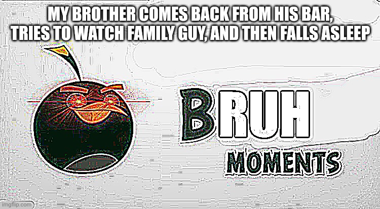 Bruh Moments | MY BROTHER COMES BACK FROM HIS BAR, TRIES TO WATCH FAMILY GUY, AND THEN FALLS ASLEEP | image tagged in bruh moments | made w/ Imgflip meme maker