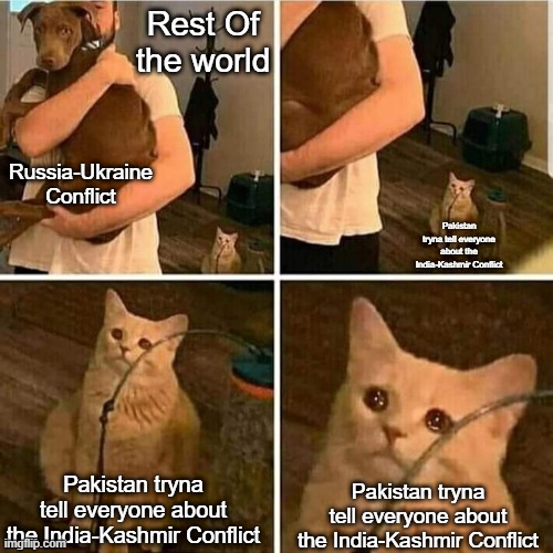 I mean come on man, India-Kashmir was going on for long enough | Rest Of the world; Russia-Ukraine Conflict; Pakistan tryna tell everyone about the India-Kashmir Conflict; Pakistan tryna tell everyone about the India-Kashmir Conflict; Pakistan tryna tell everyone about the India-Kashmir Conflict | image tagged in sad cat holding dog,kashmir,ukraine,war | made w/ Imgflip meme maker