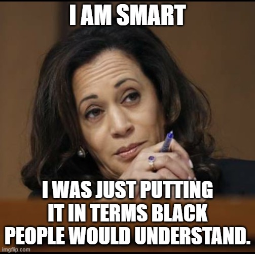 Kamala Harris  | I AM SMART I WAS JUST PUTTING IT IN TERMS BLACK PEOPLE WOULD UNDERSTAND. | image tagged in kamala harris | made w/ Imgflip meme maker