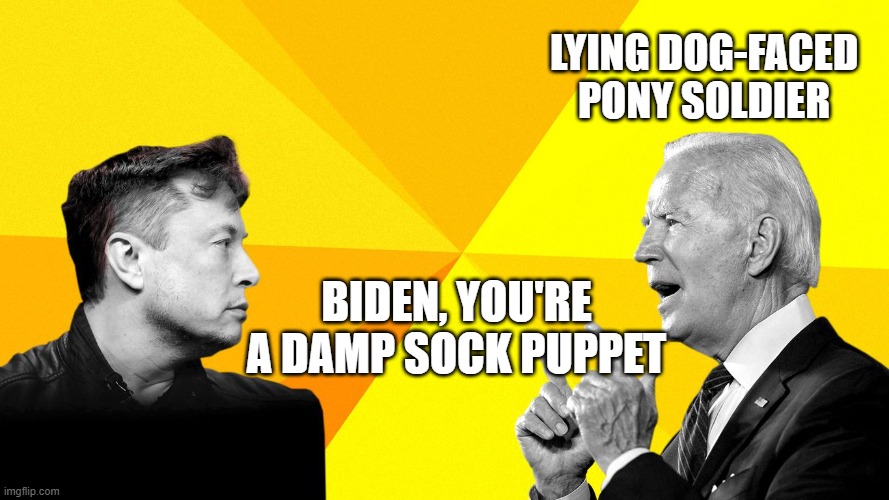 Musk calls Biden damp sock puppet | LYING DOG-FACED PONY SOLDIER; BIDEN, YOU'RE A DAMP SOCK PUPPET | image tagged in musk calls biden damp sock puppet | made w/ Imgflip meme maker