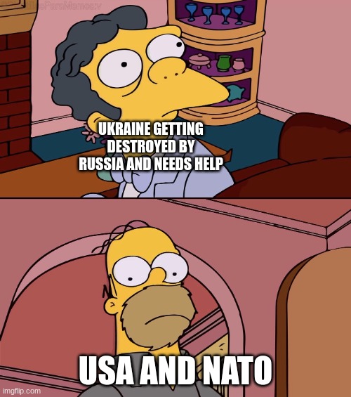 Homer and moe |  UKRAINE GETTING DESTROYED BY RUSSIA AND NEEDS HELP; USA AND NATO | image tagged in homer and moe,funny,memes,homer simpson,ukraine,politics | made w/ Imgflip meme maker
