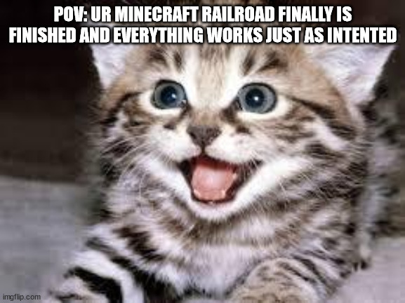 True story :) | POV: UR MINECRAFT RAILROAD FINALLY IS FINISHED AND EVERYTHING WORKS JUST AS INTENTED | image tagged in happy cat | made w/ Imgflip meme maker