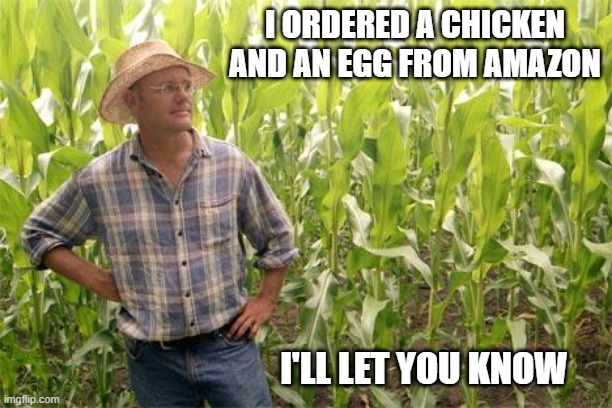 Facepalm | I ORDERED A CHICKEN AND AN EGG FROM AMAZON; I'LL LET YOU KNOW | image tagged in farmer john | made w/ Imgflip meme maker