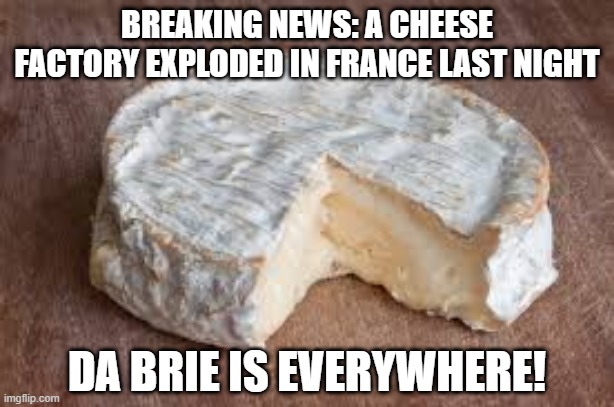 So Damn Cheesy | BREAKING NEWS: A CHEESE FACTORY EXPLODED IN FRANCE LAST NIGHT; DA BRIE IS EVERYWHERE! | image tagged in brie cheese | made w/ Imgflip meme maker