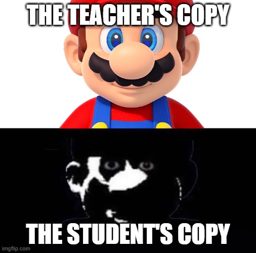Schools be like that tho | THE TEACHER'S COPY; THE STUDENT'S COPY | image tagged in lightside mario vs darkside mario,school | made w/ Imgflip meme maker