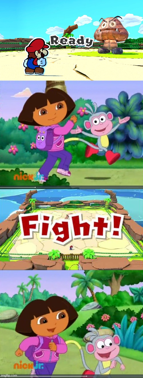 Dora & Boots On Scuffle Island | image tagged in dora boots jogging,dora boots running,dora the explorer,paper mario the origami king | made w/ Imgflip meme maker