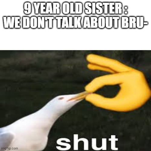 yes | 9 YEAR OLD SISTER : WE DON'T TALK ABOUT BRU- | image tagged in meme,anti we dont talk about bruno,sister | made w/ Imgflip meme maker