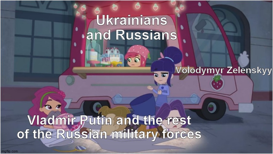 Zelenskyy vs Putin portrayed by Strawberry Shortcake | Ukrainians and Russians; Volodymyr Zelenskyy; Vladmir Putin and the rest of the Russian military forces | image tagged in blueberry defeated the mean berries plan,strawberry shortcake,strawberry shortcake berry in the big city,memes,relatable | made w/ Imgflip meme maker