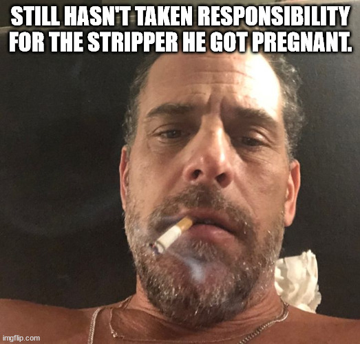 Hunter Biden | STILL HASN'T TAKEN RESPONSIBILITY FOR THE STRIPPER HE GOT PREGNANT. | image tagged in hunter biden | made w/ Imgflip meme maker