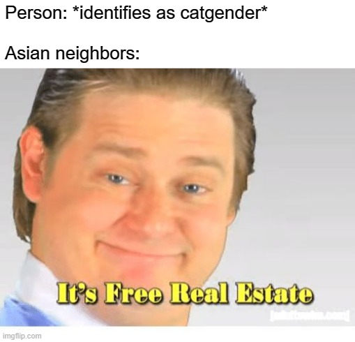 free food is cool | Person: *identifies as catgender*
 
Asian neighbors: | image tagged in it's free real estate | made w/ Imgflip meme maker