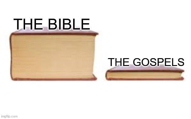 Start small | THE BIBLE; THE GOSPELS | image tagged in big book small book,dank,christian,memes,r/dankchristianmemes | made w/ Imgflip meme maker
