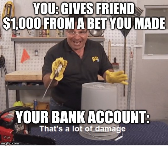 thats a lot of damage | YOU: GIVES FRIEND $1,000 FROM A BET YOU MADE; YOUR BANK ACCOUNT: | image tagged in thats a lot of damage | made w/ Imgflip meme maker