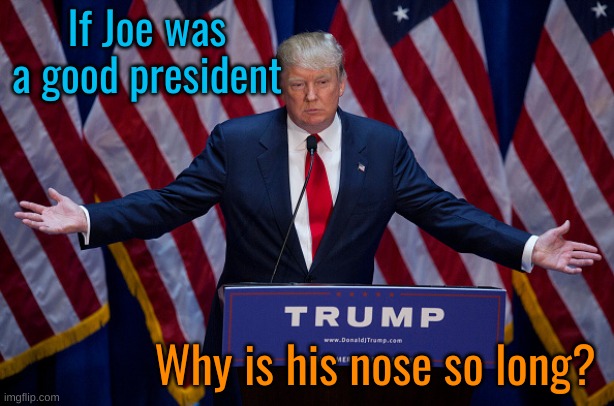 Riddle me this | If Joe was a good president; Why is his nose so long? | image tagged in donald trump,sad joe biden,politics,memes | made w/ Imgflip meme maker