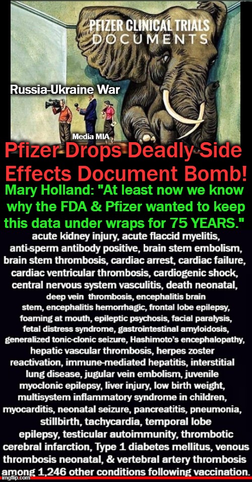 An Appendix lists 1,291 Different Adverse Events Following Vaccination!! | Russia-Ukraine War; Media MIA; Pfizer Drops Deadly Side 
Effects Document Bomb! Mary Holland: "At least now we know 
why the FDA & Pfizer wanted to keep
this data under wraps for 75 YEARS." | image tagged in political meme,the truth hurts,pfizer,fda,covid jab side effects,pure evil | made w/ Imgflip meme maker