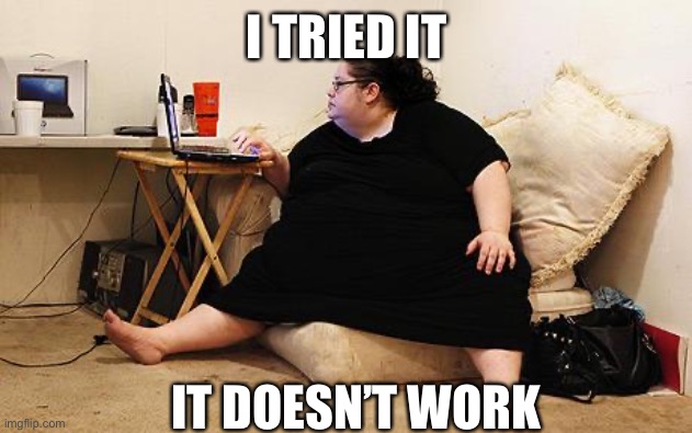 Obese Woman at Computer | I TRIED IT; IT DOESN’T WORK | image tagged in obese woman at computer | made w/ Imgflip meme maker