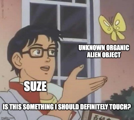 Is This A Pigeon Meme | UNKNOWN ORGANIC ALIEN OBJECT; SUZE; IS THIS SOMETHING I SHOULD DEFINITELY TOUCH? | image tagged in memes,is this a pigeon | made w/ Imgflip meme maker