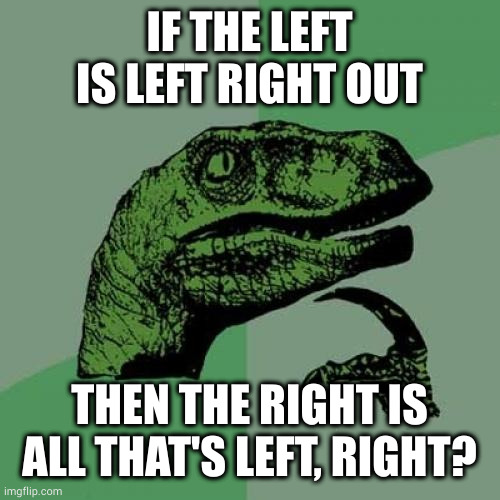 -_- | IF THE LEFT IS LEFT RIGHT OUT; THEN THE RIGHT IS ALL THAT'S LEFT, RIGHT? | image tagged in memes,philosoraptor | made w/ Imgflip meme maker