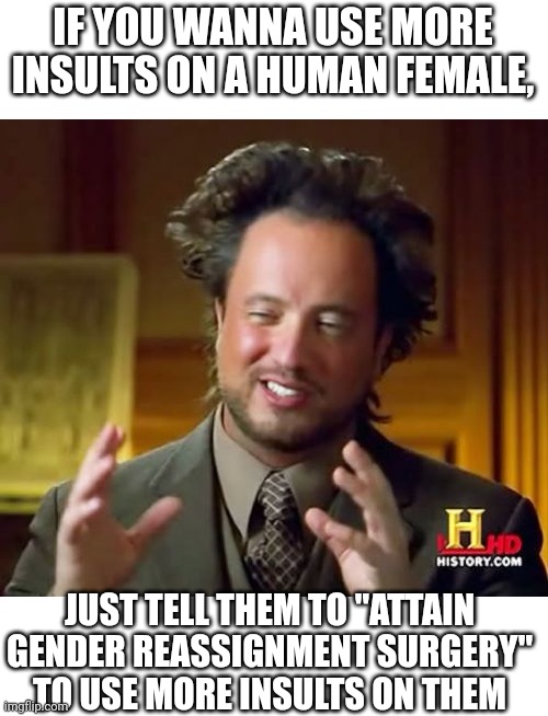 Ancient Aliens Meme | IF YOU WANNA USE MORE INSULTS ON A HUMAN FEMALE, JUST TELL THEM TO "ATTAIN GENDER REASSIGNMENT SURGERY" TO USE MORE INSULTS ON THEM | image tagged in memes,ancient aliens | made w/ Imgflip meme maker