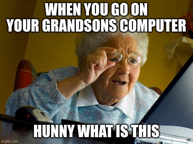 Old lady at computer finds the Internet |  WHEN YOU GO ON YOUR GRANDSONS COMPUTER; HUNNY WHAT IS THIS | image tagged in old lady at computer finds the internet | made w/ Imgflip meme maker