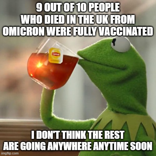 But That's None Of My Business Meme | 9 OUT OF 10 PEOPLE WHO DIED IN THE UK FROM OMICRON WERE FULLY VACCINATED I DON'T THINK THE REST ARE GOING ANYWHERE ANYTIME SOON | image tagged in memes,but that's none of my business,kermit the frog | made w/ Imgflip meme maker
