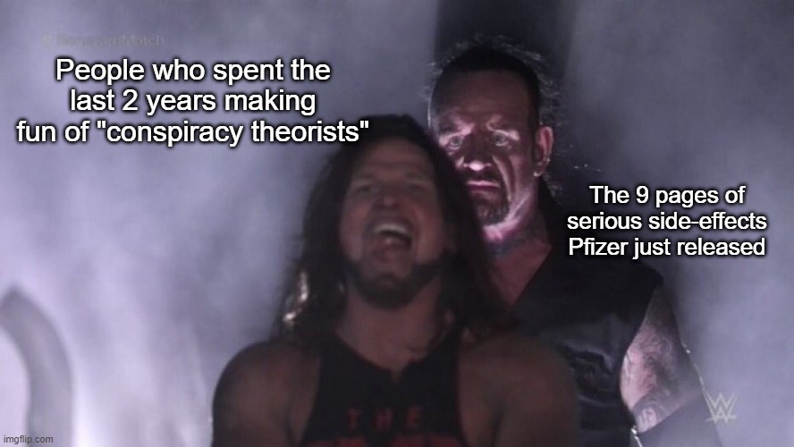 We knew the whole time--we were just playing along | People who spent the last 2 years making fun of "conspiracy theorists"; The 9 pages of serious side-effects Pfizer just released | image tagged in aj styles undertaker | made w/ Imgflip meme maker