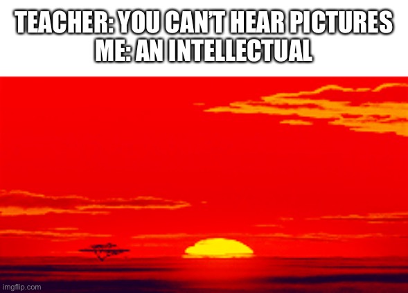 Nah sevenya | TEACHER: YOU CAN’T HEAR PICTURES
ME: AN INTELLECTUAL | image tagged in lion king | made w/ Imgflip meme maker