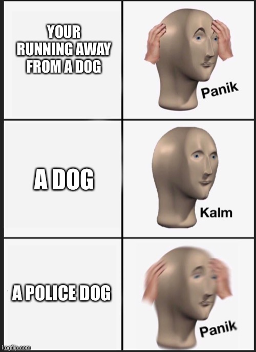 I would just let them maul me. | YOUR RUNNING AWAY FROM A DOG; A DOG; A POLICE DOG | image tagged in panik calm panik | made w/ Imgflip meme maker