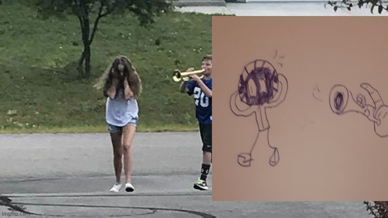 Making meme templates with well known peapole #1: trumpet boy w/ doggowithwaffle and benthememe. | image tagged in boy follows girl with trumpet | made w/ Imgflip meme maker