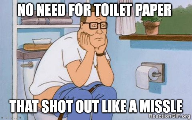 Hank on toilet | NO NEED FOR TOILET PAPER; THAT SHOT OUT LIKE A MISSLE | image tagged in hank on toilet | made w/ Imgflip meme maker