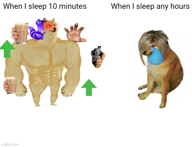 Relatable | When I sleep 10 minutes; When I sleep any hours | image tagged in memes,buff doge vs cheems | made w/ Imgflip meme maker