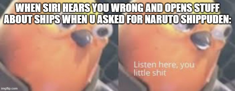 Listen here you little shit bird | WHEN SIRI HEARS YOU WRONG AND OPENS STUFF ABOUT SHIPS WHEN U ASKED FOR NARUTO SHIPPUDEN: | image tagged in listen here you little shit bird | made w/ Imgflip meme maker