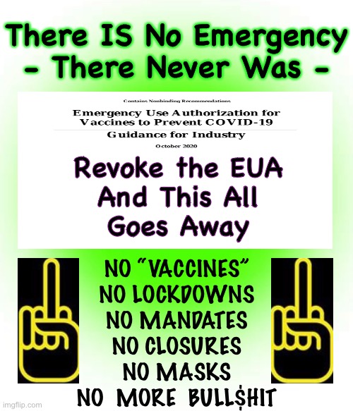 REVOKE the Emergency Use Authorization | There IS No Emergency
- There Never Was -; Revoke the EUA
And This All
Goes Away; NO “VACCINES”
NO LOCKDOWNS
NO MANDATES
NO CLOSURES
NO MASKS
NO  MORE  BULL$HIT | image tagged in memes,power control money manipulation needs to end,cancel this eua,f the new normal,lets just do normal | made w/ Imgflip meme maker
