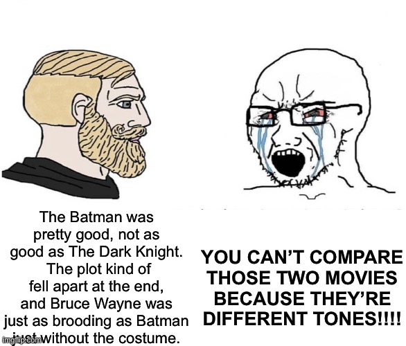 My comment. | The Batman was pretty good, not as good as The Dark Knight.  The plot kind of fell apart at the end, and Bruce Wayne was just as brooding as Batman just without the costume. YOU CAN’T COMPARE
THOSE TWO MOVIES BECAUSE THEY’RE DIFFERENT TONES!!!! | image tagged in soyboy vs yes chad | made w/ Imgflip meme maker