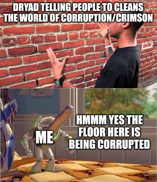 Got rid of the corruption let's GOOOOOO | DRYAD TELLING PEOPLE TO CLEANS THE WORLD OF CORRUPTION/CRIMSON; HMMM YES THE FLOOR HERE IS BEING CORRUPTED; ME | image tagged in brick wall,hmm yes the floor here is made out of floor | made w/ Imgflip meme maker