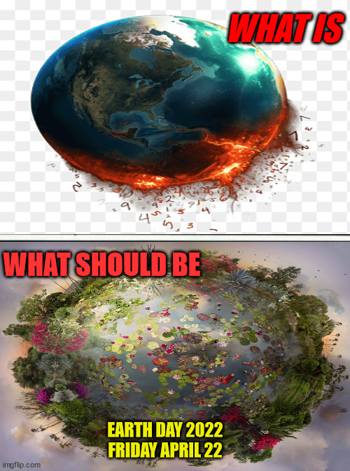 Earthday1 | WHAT IS; WHAT SHOULD BE; EARTH DAY 2022
FRIDAY APRIL 22 | image tagged in environmental | made w/ Imgflip meme maker