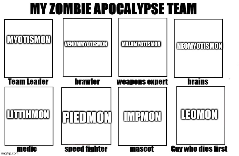 My Zombie Apocalypse Team | VENOMMYOTISMON; NEOMYOTISMON; MALOMYOTISMON; MYOTISMON; LEOMON; LITTIHMON; IMPMON; PIEDMON | image tagged in my zombie apocalypse team | made w/ Imgflip meme maker