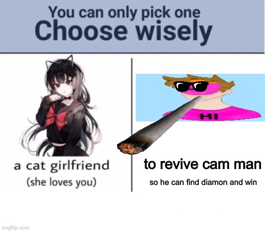 i luv canman | to revive cam man; so he can find diamon and win | image tagged in choose wisely,revive | made w/ Imgflip meme maker