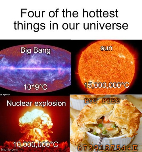 Pot pies | POT PIES; 673918754+E | image tagged in four hottest thing in the universe,pot pies | made w/ Imgflip meme maker