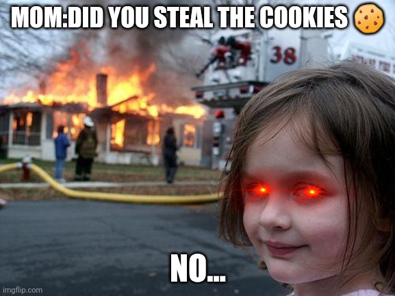 Disaster Girl | MOM:DID YOU STEAL THE COOKIES 🍪; NO... | image tagged in memes,disaster girl | made w/ Imgflip meme maker