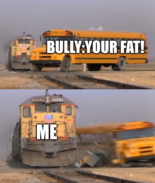 A train hitting a school bus | BULLY:YOUR FAT! ME | image tagged in a train hitting a school bus | made w/ Imgflip meme maker