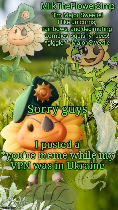 sorry | Sorry guys; I posted a *you're meme while my VPN was in Ukraine | image tagged in milk but he finds a flower cute | made w/ Imgflip meme maker