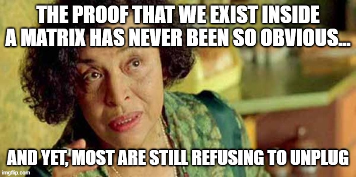 Unplug from the matrix | THE PROOF THAT WE EXIST INSIDE A MATRIX HAS NEVER BEEN SO OBVIOUS... AND YET, MOST ARE STILL REFUSING TO UNPLUG | image tagged in matrix lady | made w/ Imgflip meme maker