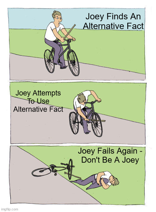 Bike Fall Meme | Joey Finds An Alternative Fact; Joey Attempts To Use Alternative Fact; Joey Fails Again -
Don't Be A Joey | image tagged in memes,bike fall | made w/ Imgflip meme maker